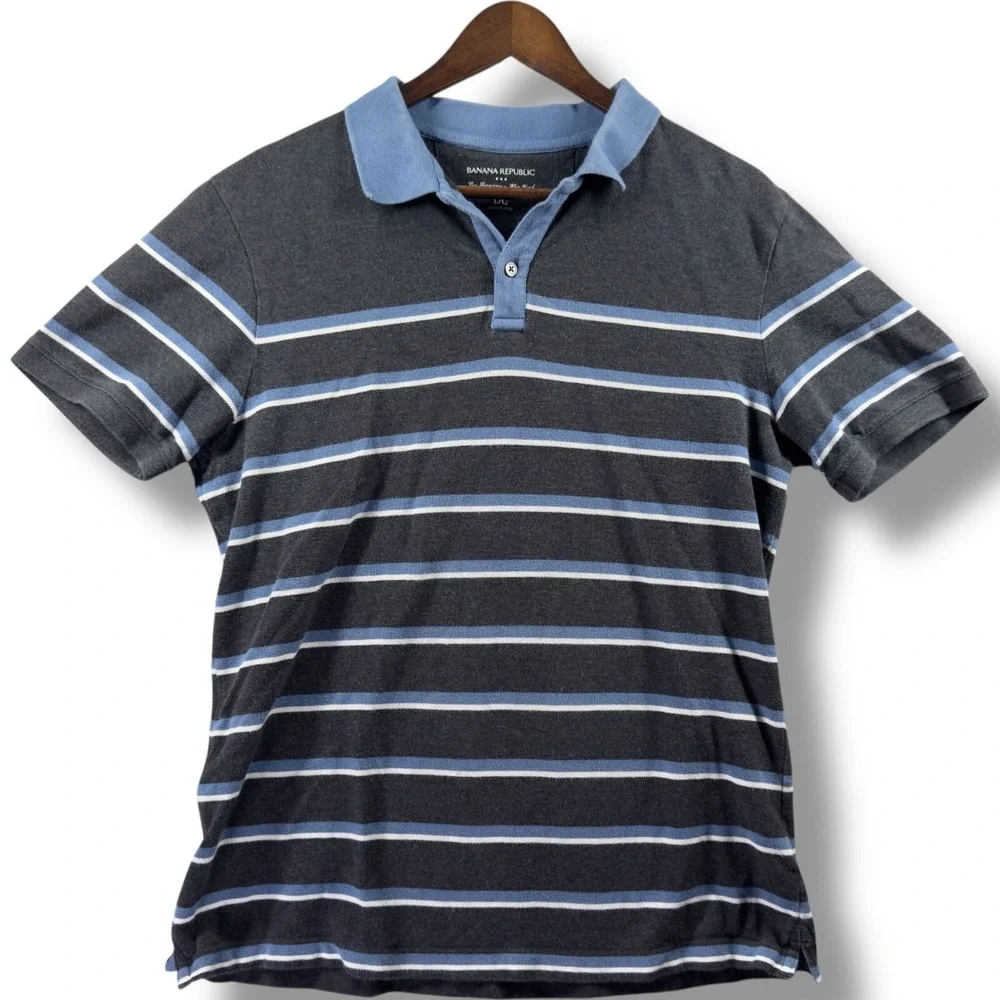 Banana Republic Polo Shirt Mens Large L Gray Blue Stripes Short Sleeve